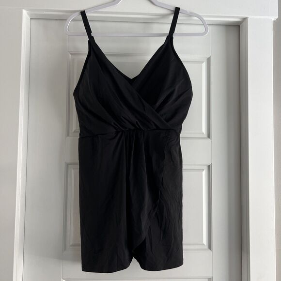 Lands' End Women's V-neck Tulip Wrap Swim Dress One Piece Swimsuit Black XL - Picture 3 of 5